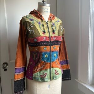 Vintage Boho Nepal Patchwork Embroidered Zip Hoodie